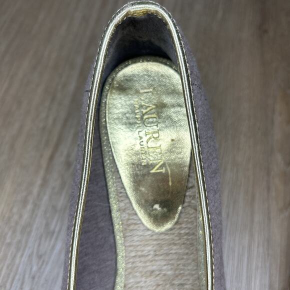 Ralph Lauren Women 9 Cecelia Gray Jersey Gold Trim Espadrille Jute Wedge Peep To - Picture 7 of 9
